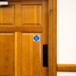 Wooden fire door in building
